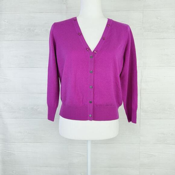 Milly Merino Wool Cardigan Sweater Women Medium Bright Pink Preppy V Neck Studs - Picture 12 of 12